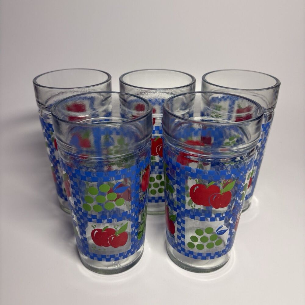 Vintage Anchor Hocking Apple Grapes Gingham Jelly Jar Drinking Glasses Set Of 5